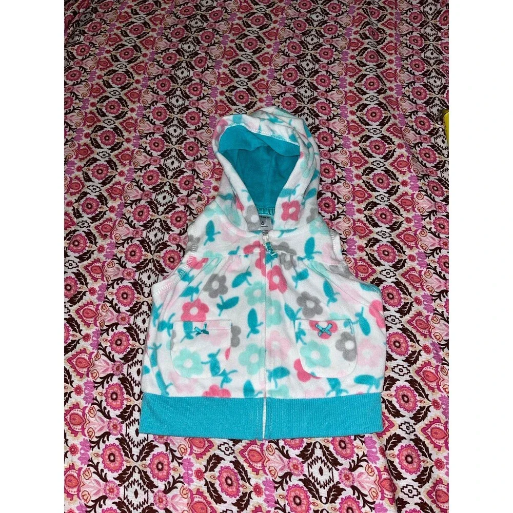 Baby Girl’s Carter’s Fleece Hooded Floral Print Zip Up Vest Size 6 Months